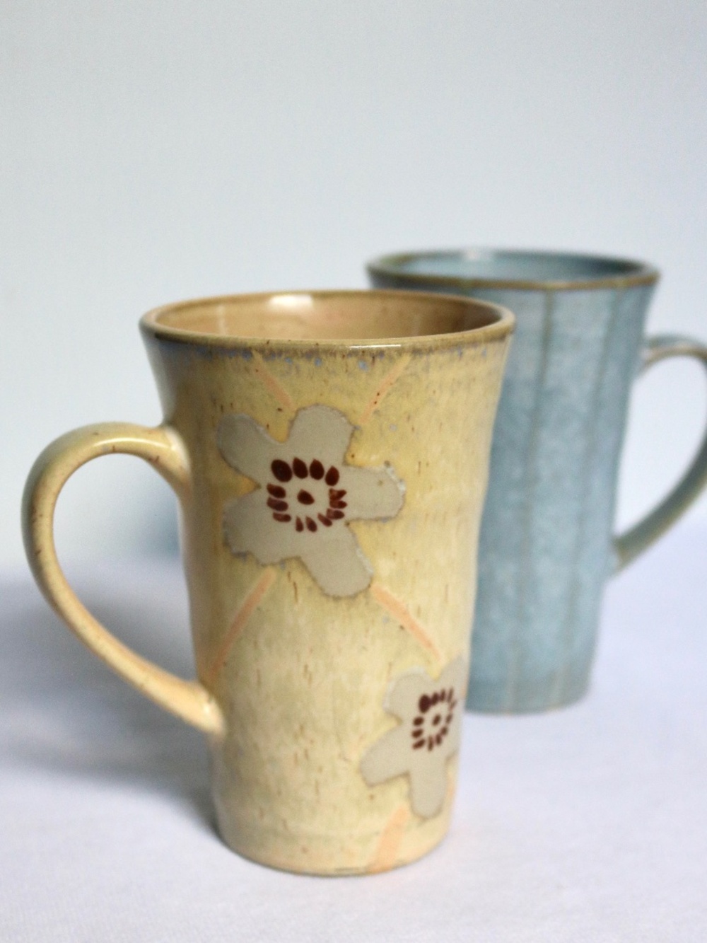 Set of 2 Pottery Coffee Tea Mugs Cups Flowers Yellow Blue Glaze Stoneware Fall